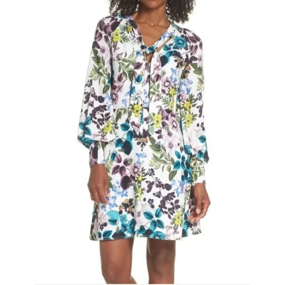 Eliza J Ivy Pebbled Crepe Tie Neck Floral Long Sleeve Midi Dress Size 2